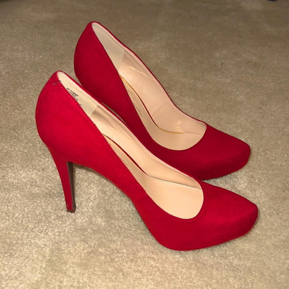 Jessica Simpson red stiletto velvet heels. Pointed toe